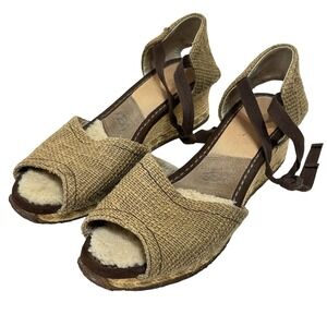 UGG Mar Espadrille Wedge Sandals Sheepskin Peep Toe Ankle Tie US‎ 9 Beige Boho